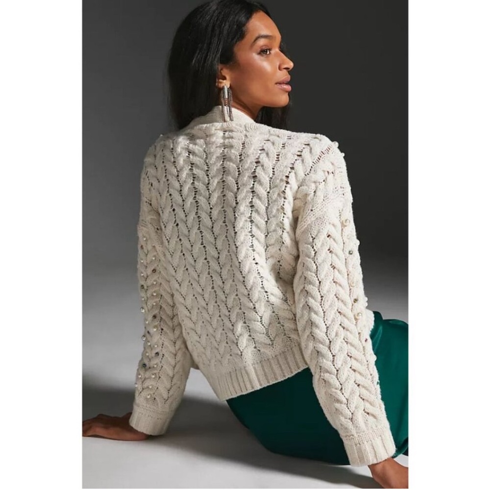Anthropologie Maeve Embellished Cardigan One Size Cream Pearls - Picture 3 of 14